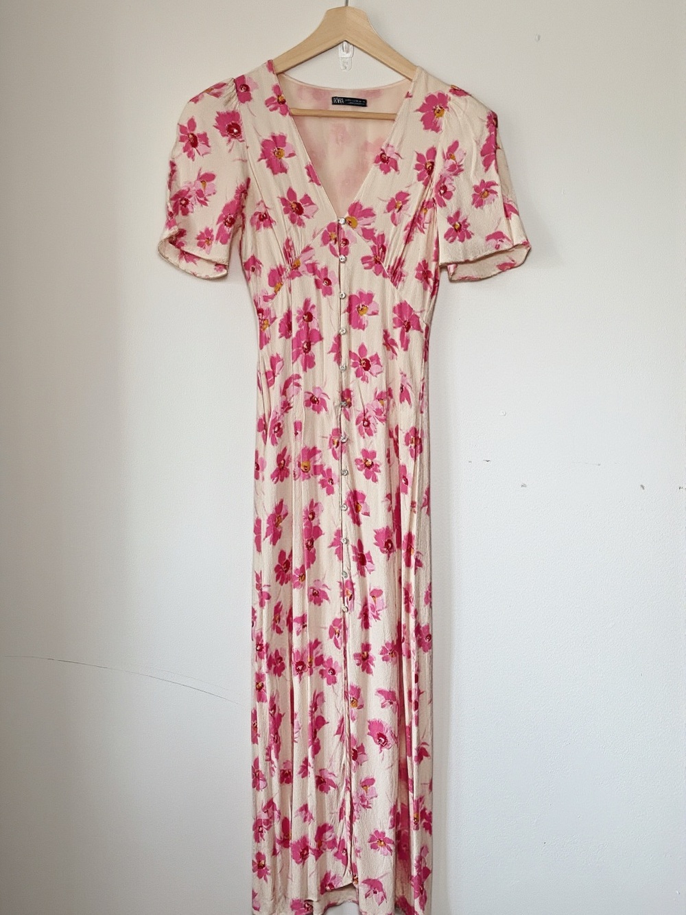 Zara Cream Maxi Dress with Pink Floral Print